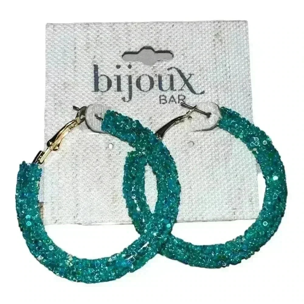 Bijoux Bar Turquoise Beaded Stainless Steel Hoop Earrings